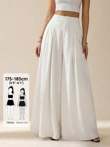 SHEIN Tall Women's Casual Solid Color Pleated Skinny Wide Leg Pants - White - View 7