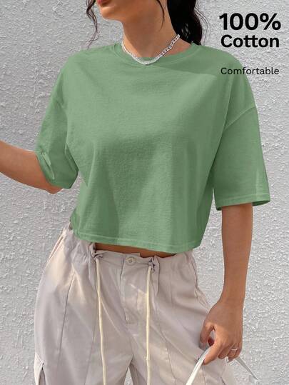 Comfortcana قميص قصير كاجوال بياقة منسدلة مقاس كبير أخضر سادة