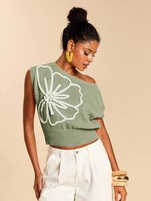 Travachic Women 3D Floral Decor Asymmetric Collar Knit Top - Mint Green - View 5