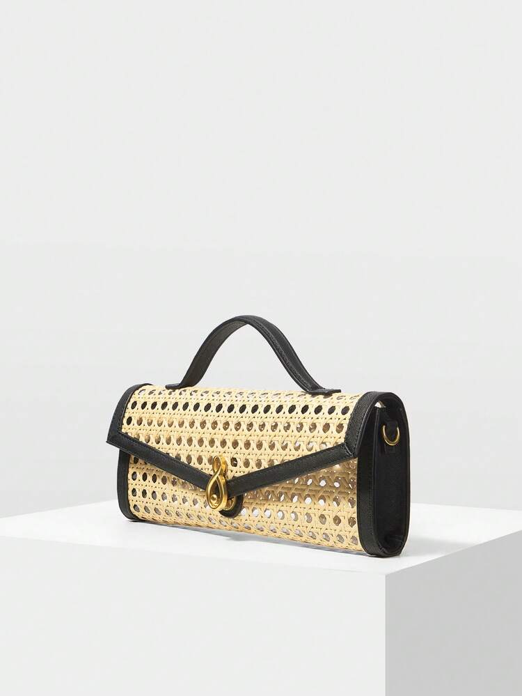 WOMEN'S APRICOT CONTRASTING COLOR WOVEN HOLLOW HANDBAG, EXQUISITE VACATION BAGUETTE BAG, SIMPLE AND LIGHTWEIGHT FLIP BAG, SUITABLE FOR WOMEN, VACATION, TRAVEL, COMMUTING