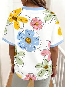 EMERY ROSE Women's Casual Short-Sleeved T-Shirt,Floral Pattern,Loose Round Neck,Retro Style,White,Summer,Smart Casual,Vacation,Machine Washable,Comfortable&Cute - Multicolor - View 2