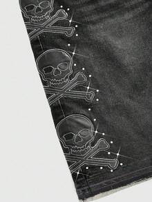 ROMWE MEN Men's Loose Fit Denim Shorts With Skull Embroidery - Black - View 2