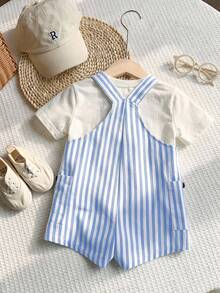 SHEIN Newborn Baby Boy/Girl Cute Striped Romper, Versatile For Spring/Summer Indoor, Outdoor, Daily, Sports, Play, Party, Photo Shoot, Holiday - Blue - View 2