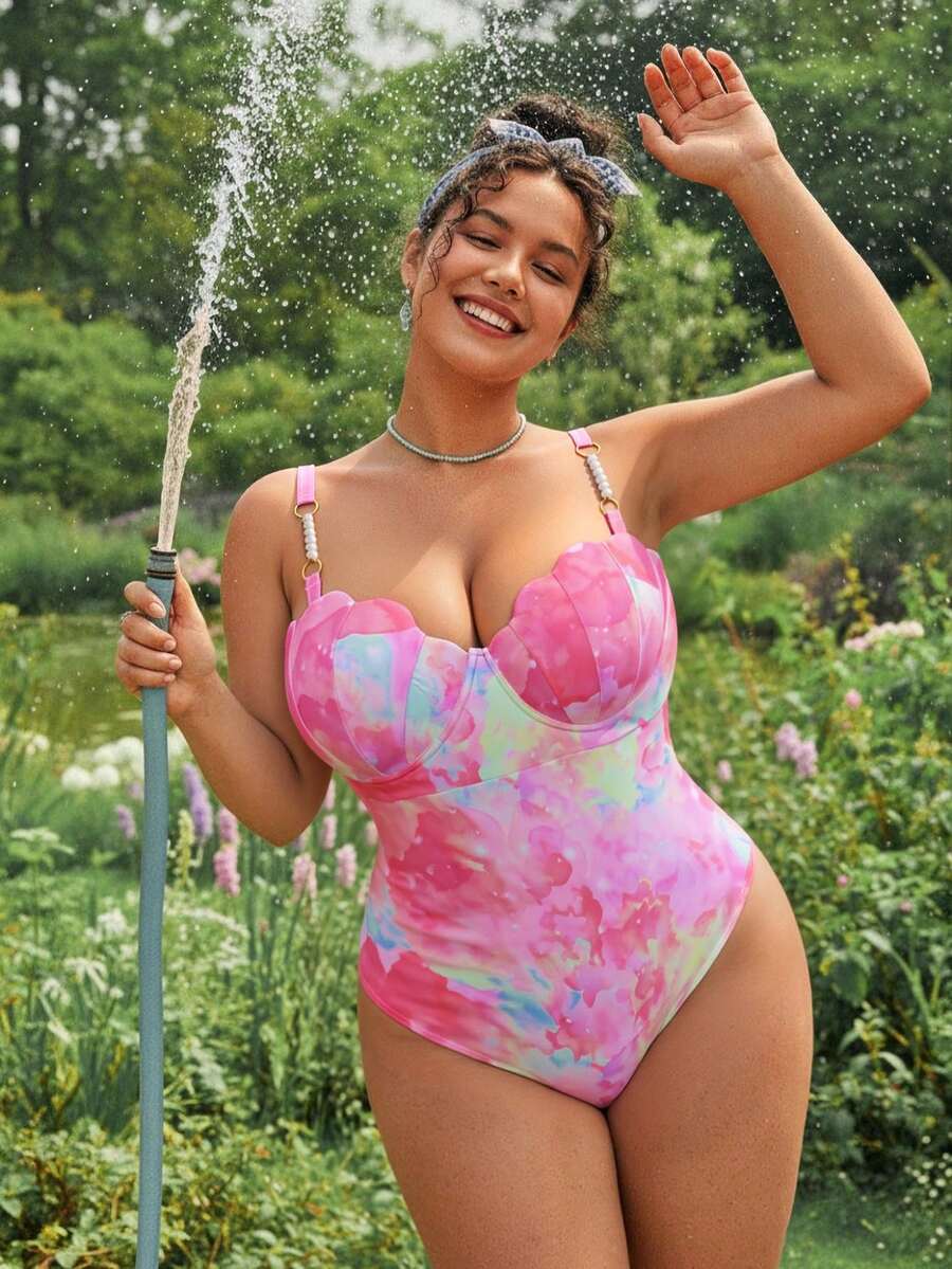 SHEIN Swim Curve Đồ bơi một mảnh dây mỏng đính hạt ngọc trai cỡ lớn cho nữ, gọng nâng đỡ, nhiều màu, phong cách ngày lễ thường ngày - Nhiều màu - Xem 1