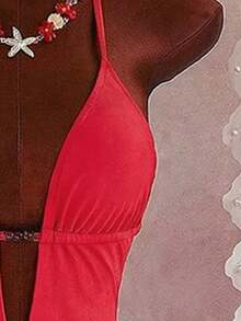 SHEIN Swim Swim Vcay 2026 女士优雅酒红色网纱挂脖深V连体泳衣，搭配透视褶皱迷你罩裙，塑形收腹泳装套装，适合夏季海滩度假穿着，休闲优雅的深V领镂空连体泳衣，饰有金属环细节，适合泳池派对假日装扮 | 酒红色性感网纱连体泳衣，女士度假必备 - 紅色 - 查看 7