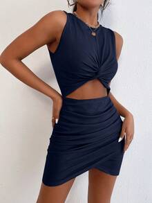 Breezaya Vestido de mujer con nudo delantero texturizado, drapeado asimétrico y bajo, de moda - Azul Marino - Ver 6
