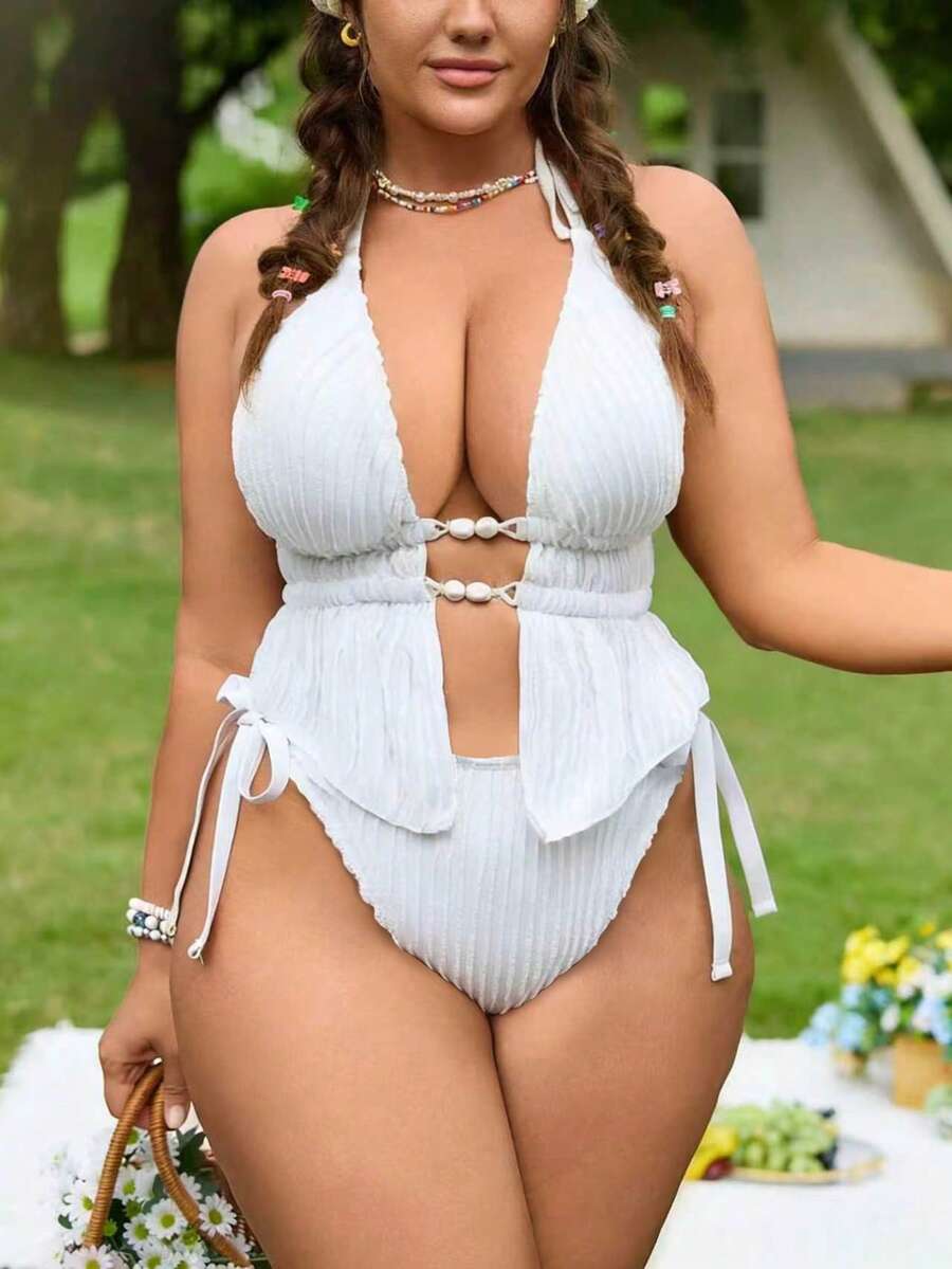 Swim Mod Bộ bikini 2 mảnh cỡ lớn, buộc dây bên hông, màu pastel trơn, thích hợp cho kỳ nghỉ hè ở bãi biển, đồ bơi Zestiva tươi mát, đồ bơi cỡ lớn cho nữ, bộ bikini tốt nghiệp cho nữ kèm áo khoác ngoài, đồ bơi một mảnh cho nữ kèm áo khoác ngoài, đồ bơi gân, đồ bơi một mảnh màu trắng, đồ bơi cổ yếm, đồ bơi khoét sâu, đồ bơi cắt xẻ cho kỳ nghỉ - trắng - Xem 1