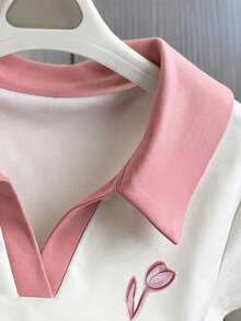 Áo Polo nữ tuổi teen màu hồng và trắng, họa tiết hoa tulip hồng dễ thương, thích hợp cho các buổi đi chơi, mùa xuân, hè, thu, phối đồ hàng ngày, dáng ôm ngắn. - Hồng - Xem 4