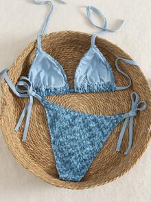SHEIN Swim Vcay 2026 New Spring/Summer Green Special Fabric Spaghetti Strap Sexy Women Bikini Set, Suitable For Beach And Vacation - Blue - View 2