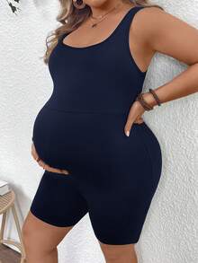Plussiva Mono de maternidad de talla grande de unicolor con cuello redondo - Azul - Ver 7