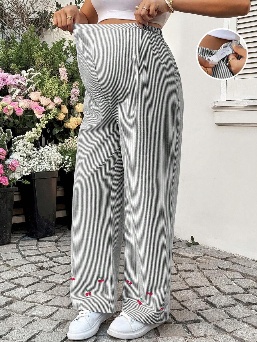 SHEIN Adjustable Waist Striped Wide Leg Loose Maternity Pants - Black and White - View 1