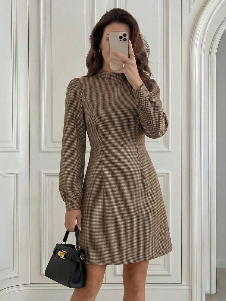 Women's Fashion Commuter Plaid Lantern Sleeve Short Dress  Christmas ,Christmas Dress   New Year Dress  Party Es For Women Christmas Party Dress Long Sleeve Turtleneck Dress Elegant Dress