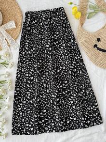 SHEIN 少女黑色碎花高开衩裙 - 黑色 - 查看 2
