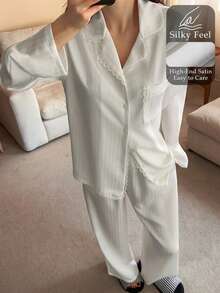 DAZY Bộ đồ ngủ nữ dáng rộng, thanh lịch, chất liệu satin jacquard kẻ sọc và ren phối hợp, thích hợp cho kỳ nghỉ hè. - trắng - Xem 4