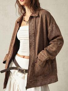 Bohemela Women's Casual Loose Long Sleeve Zip Pocket Plus Size Jacket In Fall/Winter - Coffee Brown - View 6