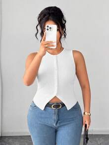 SHEIN PETITE CURVE Damen Große Größen elegante unifarbene gestrickte Crew-Neck Knopf Schlitz Passform Weste - Weiss - Übersicht 1