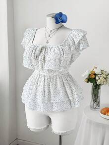 Flirla Große Größen Neue Frühling/Sommer Damen Urlaubs Elegante Sexy Strandausflug Chiffon Polka Punkt Off-Shoulder Doppel Rüschen Saum Crop Top, Taille raffende Boho Süße Prinzessin Schleife Dekor Bluse - Weiss - Übersicht 7