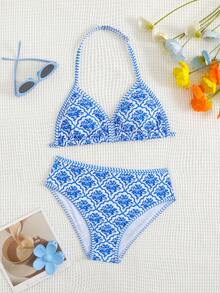 SHEIN Conjunto de bikini a cuadros azul y blanco para niñas preadolescentes: diseño de halter, adornos dulces, moda de playa de verano desbloqueada - Azul - Ver 3