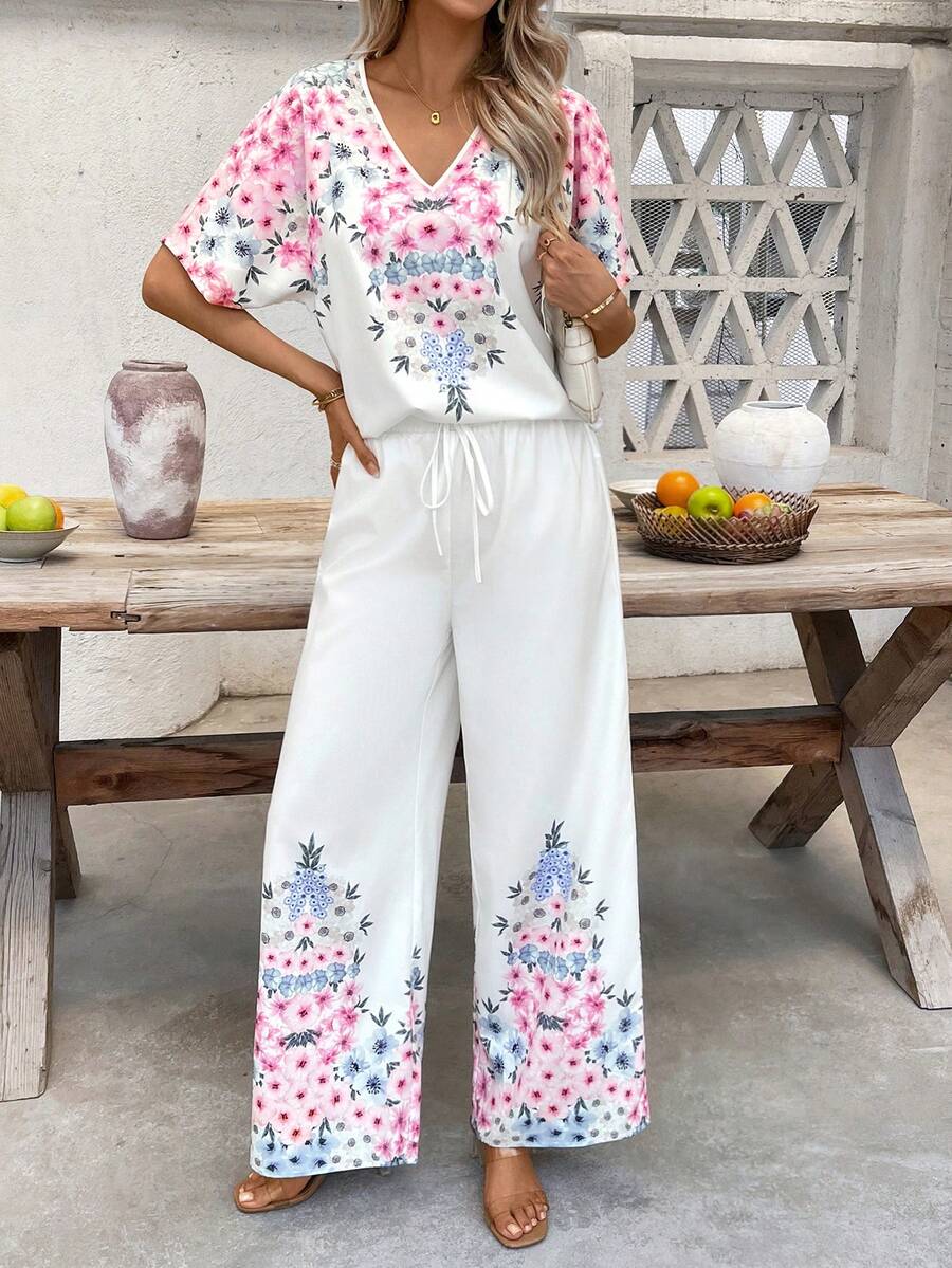SHEIN Clasi Ensemble 2 pièces décontracté pour femmes, chemise à manches courtes à imprimé floral et pantalon large - Rose bonbon - Voir 1