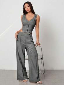 SHEIN PETITE Women's Summer Commuter Striped Sleeveless Button-Front Vest And Casual Pants Set,Vacation Outfits Women - Light Grey - View 4