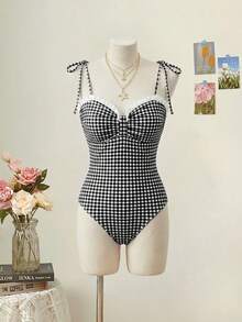 SHEIN MOD 女士荷叶边格子印花扭结肩带连体泳衣 - 黑與白 - 查看 2