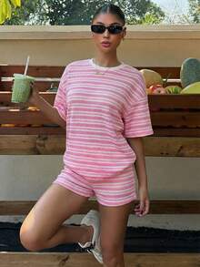 Muchica Women's Light Pink Striped Short Sleeve Round Neck T-Shirt & Shorts - Baby Pink - View 3