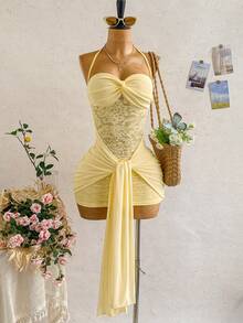 Soleia Women's Vacation Beach Solid Color Lace Patchwork Backless Halter Mini Dress,Summer Dresses For Women - Yellow - View 3