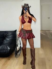 Coolane 女款夏季派對性感龐克 Y2K 科技風彈性紅色抹胸掛脖上衣 祭典風 - 酒紅色 - 查看 3