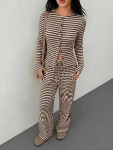 SHEIN PETITE 2pcs Women Casual Striped Front Button Long Sleeve Top And Wide Leg Pants Set, Spring And Summer - Multicolor - View 7