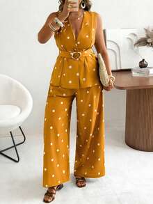 Ceyna Conjunto de chaleco de lunares clásico retro y pantalones de pierna ancha para mujer talla grande, conjunto de atuendos de vacaciones de verano - Amarillo - Ver 1