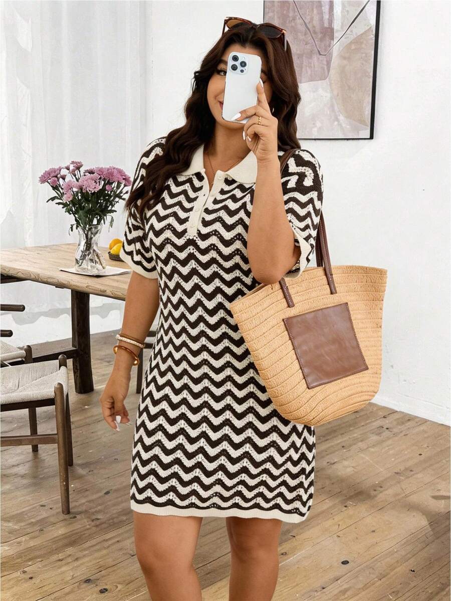 Lounesse Đầm dệt kim kẻ sọc khoét lỗ dáng rộng cỡ lớn - Màu be - Xem 1