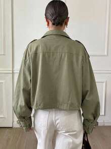 Flap Pocket Drop Shoulder Drawstring Hem Jacket,Fall Clothes - Army Green - View 7