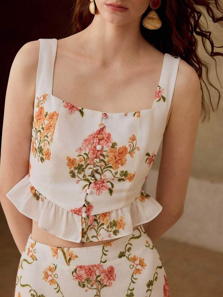 WOMEN'S FLORAL PRINT RUFFLE HEM CROP TANK TOP AND TIERED SKIRT SET, VACATION OUTFIT