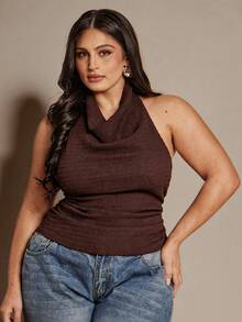 SHEIN BAE Plus Size Women's Brown Solid Textured Knit Halter Neck Slim Fit Pleated Backless Top,Elegant Autumn Night Out Club Tight-Fitting Y2k Party Tops - Brown - View 9