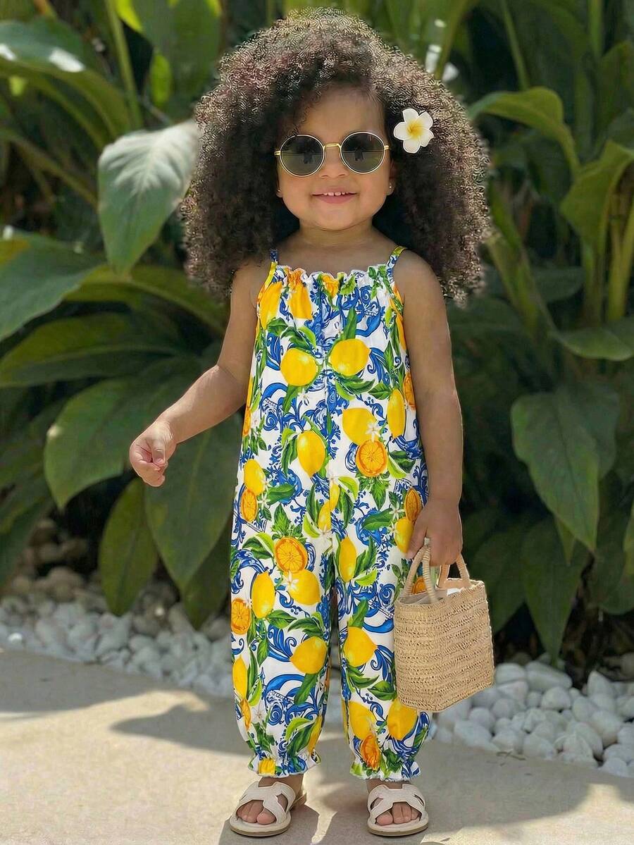 SHEIN Bộ áo liền quần không tay dáng rộng ống rộng họa tiết hoa nhí cho bé gái - Nhiều màu - Xem 1