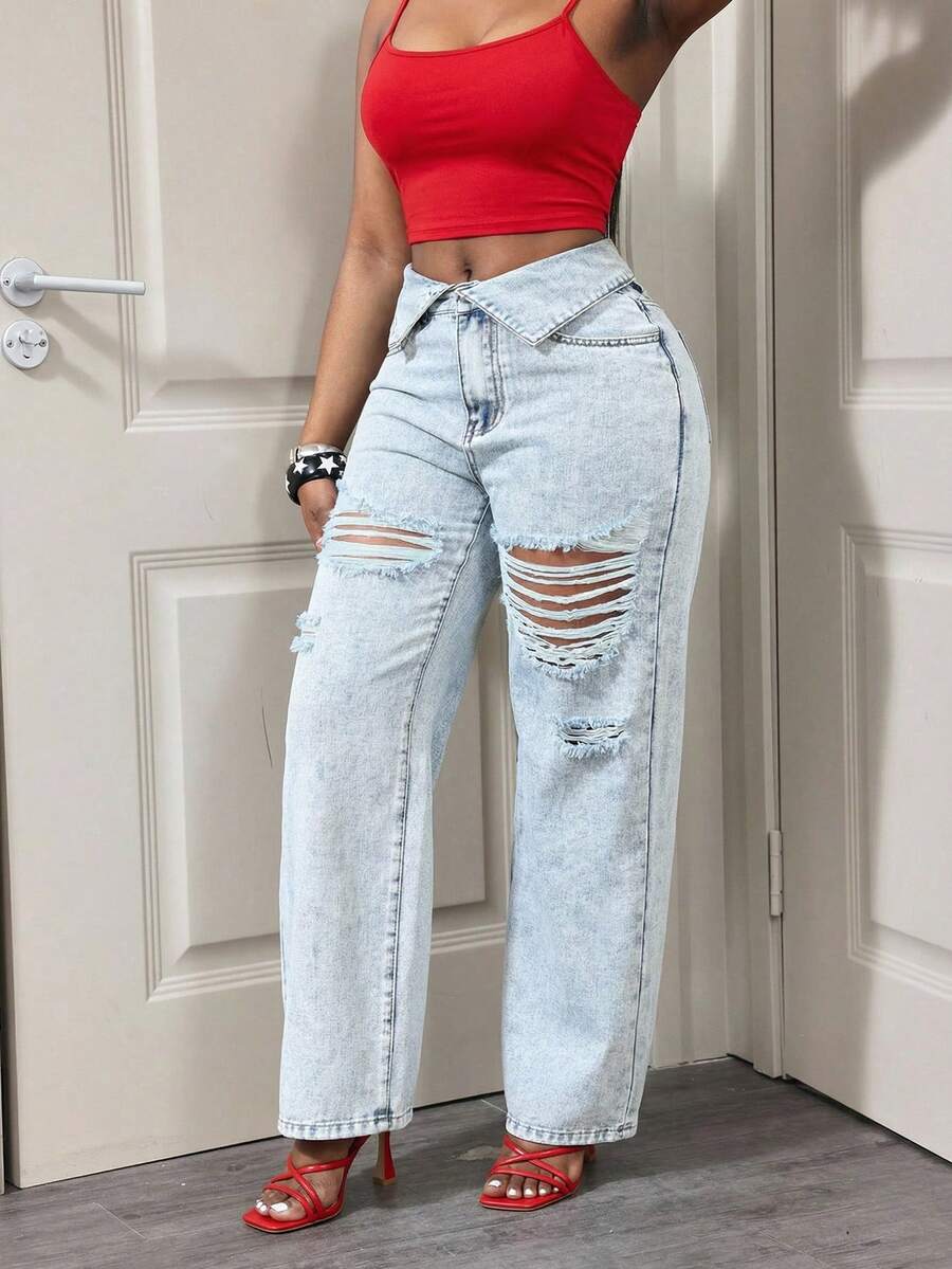 Slaydiva Quần jeans ống rộng nữ có túi, kiểu dáng thường ngày, đa năng, chất liệu denim. - Rửa nhẹ - Xem 1