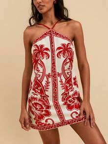 Travachic Woven Printed Halter Neck Mini Dress For Women - Red and White - View 4