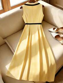 GlowEve Đầm midi nữ thanh lịch kiểu retro, cổ ve lật, thắt eo, cài cúc, màu mơ/đen, phù hợp đi làm và dự tiệc, mùa xuân/hè. - Nhiều màu - Xem 2