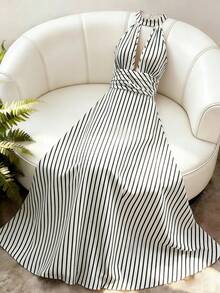 GlowEve Women's Striped Halter Casual Party Long Dress - Black and White - View 1