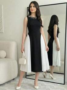 SHEIN Vestido sin mangas de línea A plisado con bloque de color y cuentas de perlas elegante para adolescentes - Blanco y Negro - Ver 7