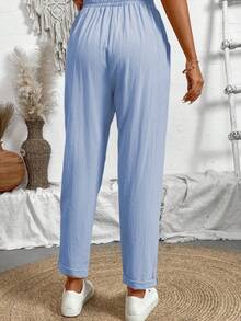 Breezaya Solid Color Drawstring Waist Pocket Casual Pants, Suitable For Holiday - Baby Blue - View 2