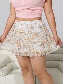 Solflare Falda casual de cintura alta con estampado floral para mujer de talla grande, primavera/verano - amarillo ganso - Ver 5
