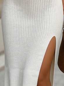 SHEIN Elenzya 优雅圆领无袖开衩春夏新款女士毛衣连衣裙 - 白色 - 查看 5