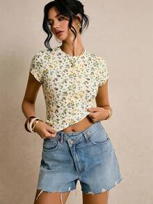 Poéselle 女士休闲碎花修身T恤 - 黃色 - 查看 5