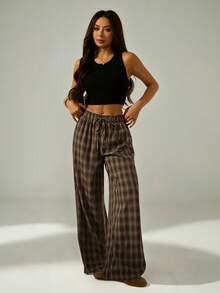 SHEIN PETITE 女士棕色宽松格子简约休闲裤 - 彩色 - 查看 9