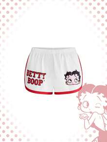 Betty Boop | ROMWE Bộ đồ ngủ thường ngày in kỹ thuật số IP Collab gồm áo hai dây và quần short viền tương phản. - trắng - Xem 7