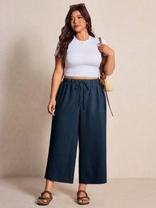 Elaquor Plus Size Casual Loose Solid Color Pants - Navy Blue - View 4