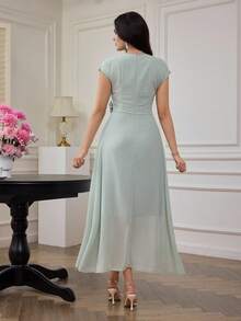Modelyn Đầm dạ hội cao cấp màu xanh bạc hà xếp ly, trang trí hoa 3D, thanh lịch dành cho nữ. - màu xanh lá - Xem 2