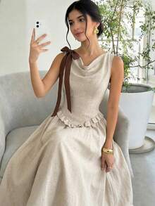 SHEIN Girlism 少女纯色梭织可拆卸蝴蝶结领无袖优雅连衣裙 - 卡其色 - 查看 3