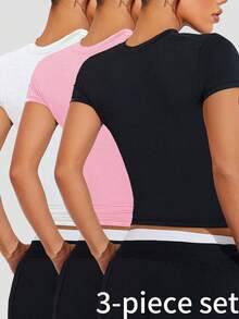 Velisys Velisys Multi-Pack Sporty Cropped Tee Shirts, Colorblock Design, Tight Fit, Slimming - Black - View 3